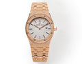 Audemars Piguet round watch with rose gold strap, textured bezel, and white dial.
