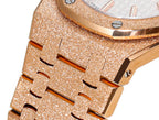 Audemars Piguet rose gold textured bezel close-up with black marker accents.