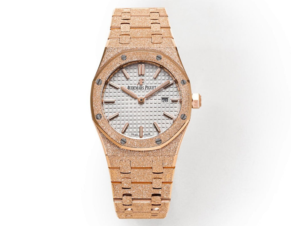 Audemars Piguet round rose gold watch with textured bezel and white dial.