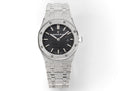 Audemars Piguet stainless steel watch with dark dial, round bezel, and link bracelet