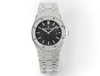 Audemars Piguet stainless steel watch with dark dial, round bezel, and link bracelet