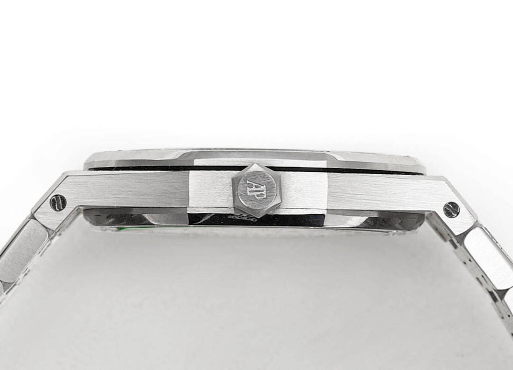Audemars Piguet stainless steel case with central emblem and visible bezel screws