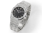 Audemars Piguet stainless steel watch with dark dial and textured link bracelet