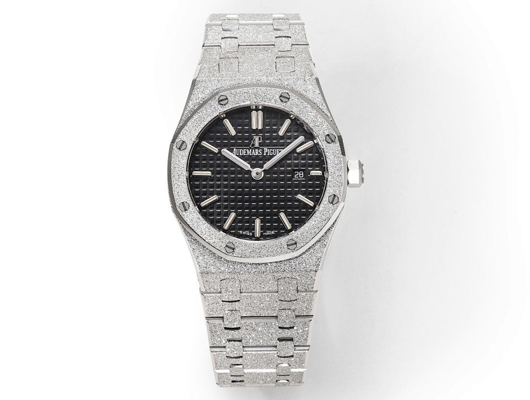 Audemars Piguet stainless steel watch with dark dial and link bracelet, front view