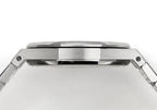Stainless steel watch case with bezel edge and crown-side guards