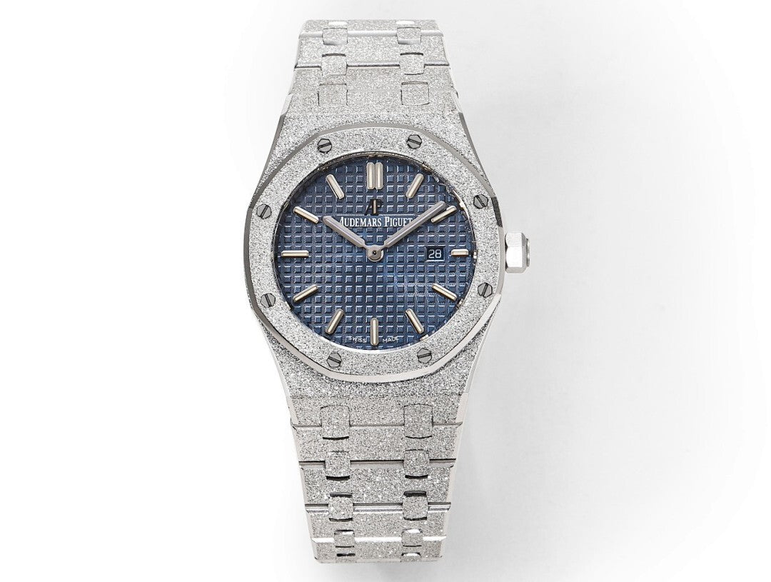 Silver watch with blue dial and link bracelet, front view