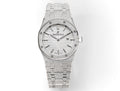 Audemars Piguet steel sports watch with white textured dial, metal bracelet