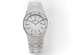 Audemars Piguet steel sports watch with white textured dial, metal bracelet