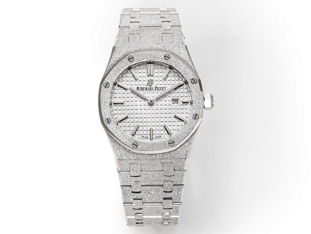 Audemars Piguet steel sports watch with white textured dial, metal bracelet