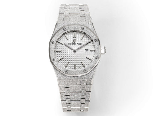 Audemars Piguet steel sports watch with white textured dial, metal bracelet