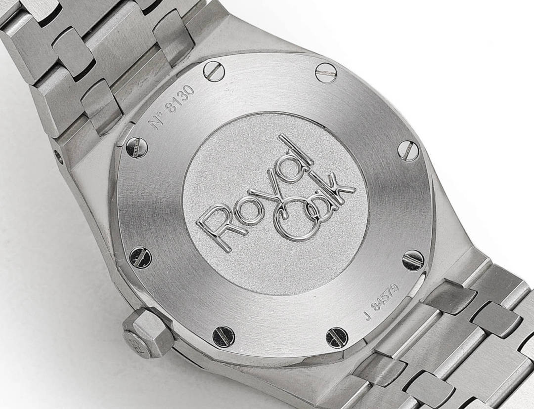 Audemars Piguet watch case back with engraved logo and crown guards, steel finish