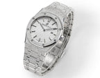Audemars Piguet steel watch with textured white dial and linked bracelet, side view