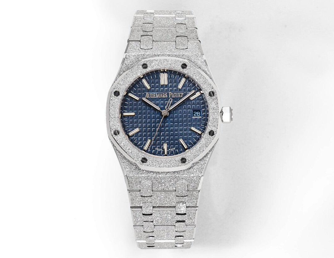 Luxury wristwatch with blue textured dial, silver steel case, and matching link bracelet.