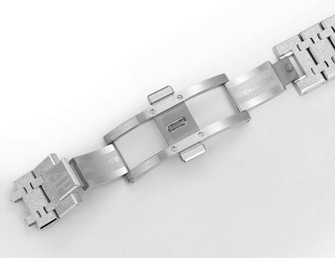 Silver steel watch bracelet links shown from the side, with clasp hardware.