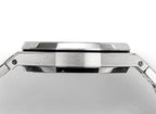 Steel watch case close-up showing bezel edge and black-lined ring detail.