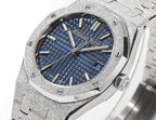 Blue textured dial wristwatch with three hands, gold-tone markers, and steel bracelet.