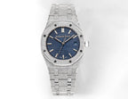 Luxury wristwatch with blue textured dial, silver steel case, and matching link bracelet.