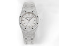 Audemars Piguet stainless steel watch with textured silver bracelet and white dial