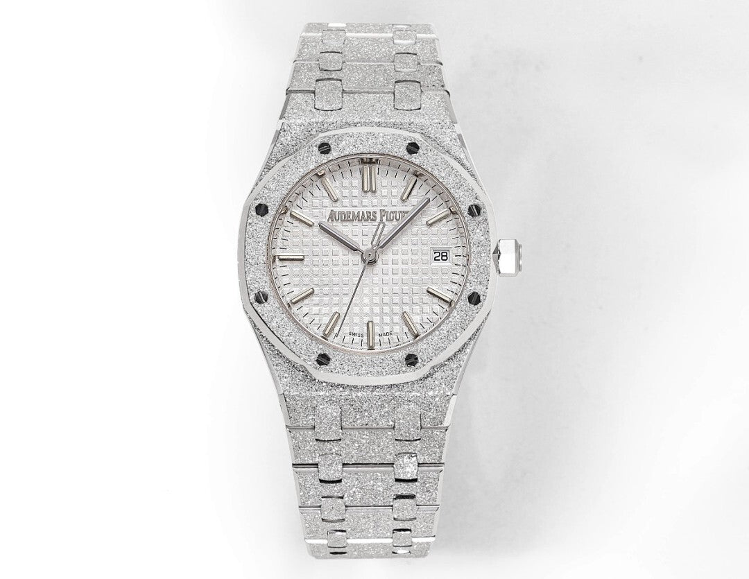 Audemars Piguet stainless steel watch with textured silver bracelet and white dial