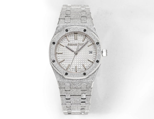 Audemars Piguet stainless steel watch with textured silver bracelet and white dial
