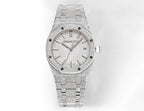 Audemars Piguet watch with textured silver bracelet, round case, and white dial