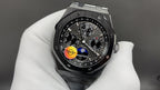 Audemars Piguet watch with black dial and multicolored accents, steel bracelet