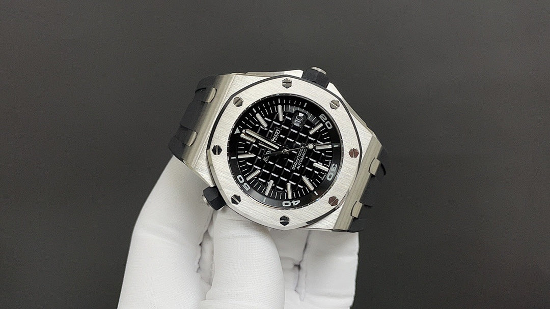 Stainless steel watch with black dial and bezel screws, angled view