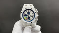 Audemars Piguet watch with white case, white strap, blue dial, multiple subdials.