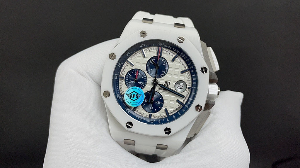 Audemars Piguet watch front view, white case and strap, blue dial with subdials.