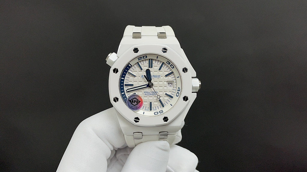 Audemars Piguet white sport watch with blue-accent dial and white rubber strap