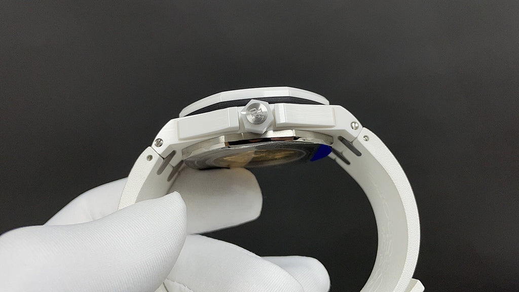 Audemars Piguet white watch case opened with blue insert and metal bezel
