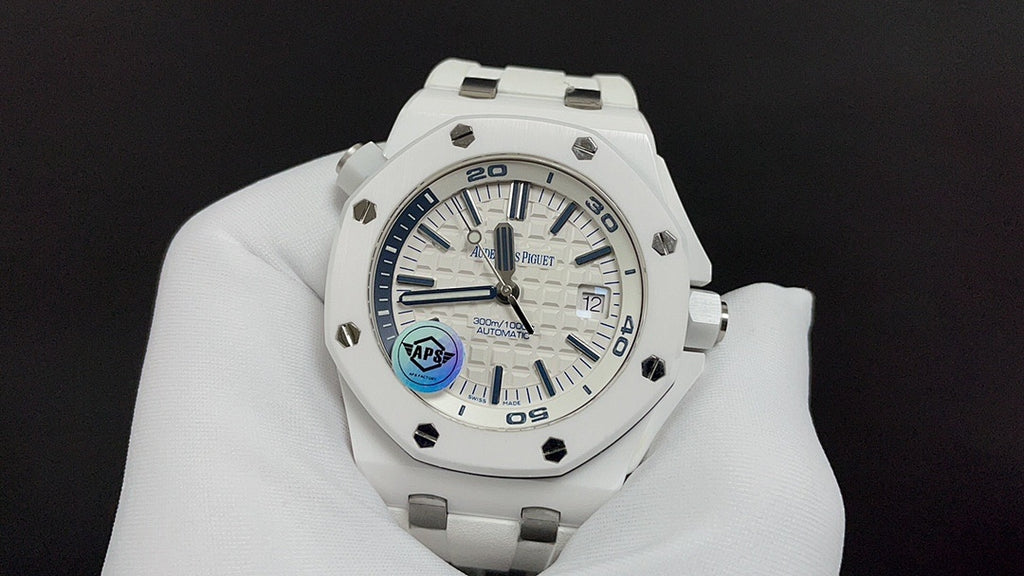 Audemars Piguet white watch with blue dial accents and metal bezel on strap