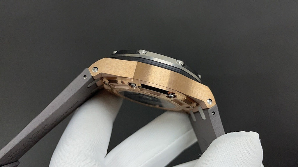 Watch caseback underside with metal plate and screw openings