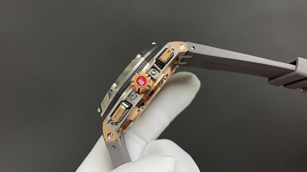 Watch side profile with crown and pushers, rose-gold tone case