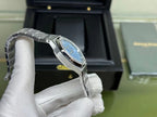 Audemars Piguet watch angled view with blue dial and stainless steel bracelet