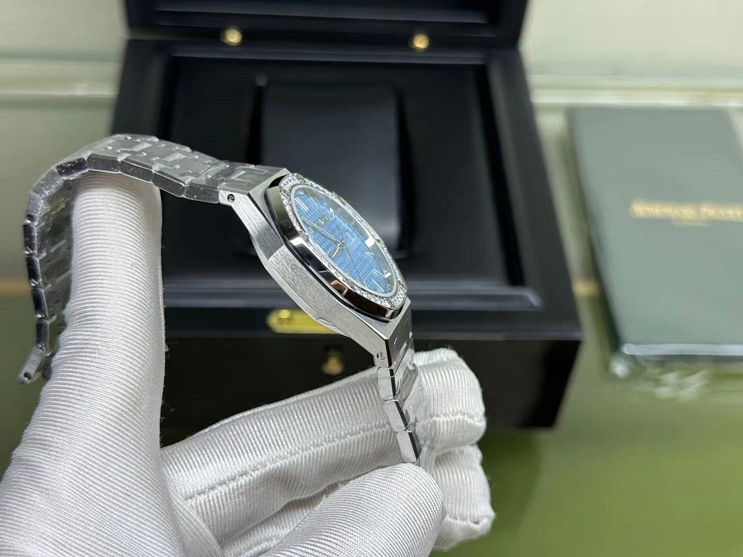 Audemars Piguet watch angled view with blue dial and stainless steel bracelet