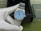 Audemars Piguet watch front view with blue dial and stainless steel bracelet