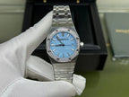 Audemars Piguet watch front view with blue dial and stainless steel bracelet