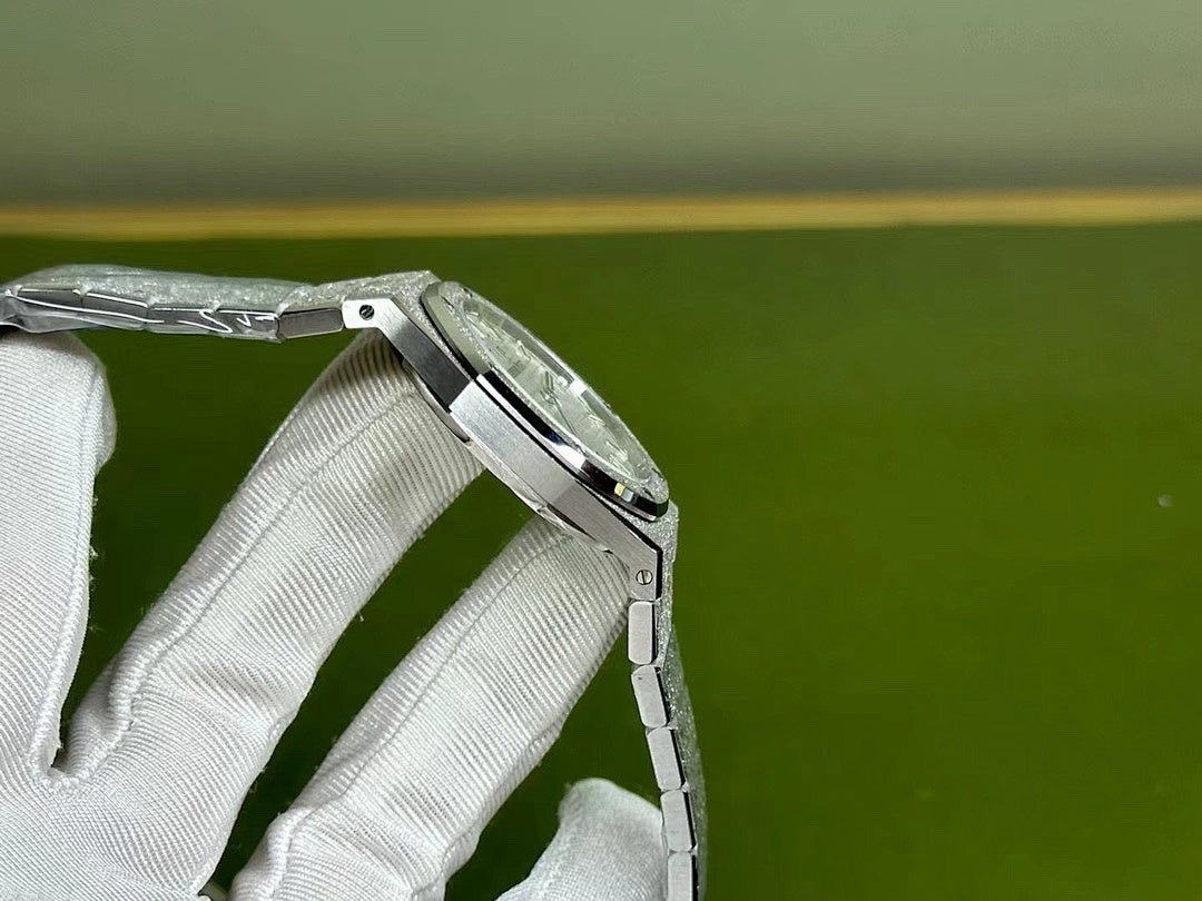 Audemars Piguet Royal Oak watch side view with crown area and steel bracelet