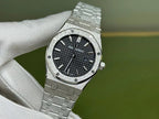 Audemars Piguet stainless steel wristwatch with black textured dial and metal bracelet