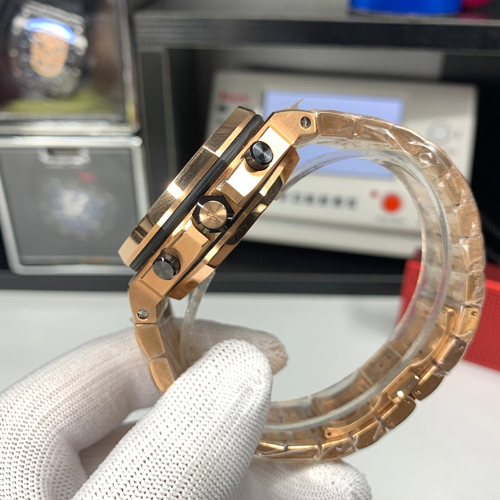 Audemars Piguet Royal Oak watch with rose-gold case and crown detail on wrist
