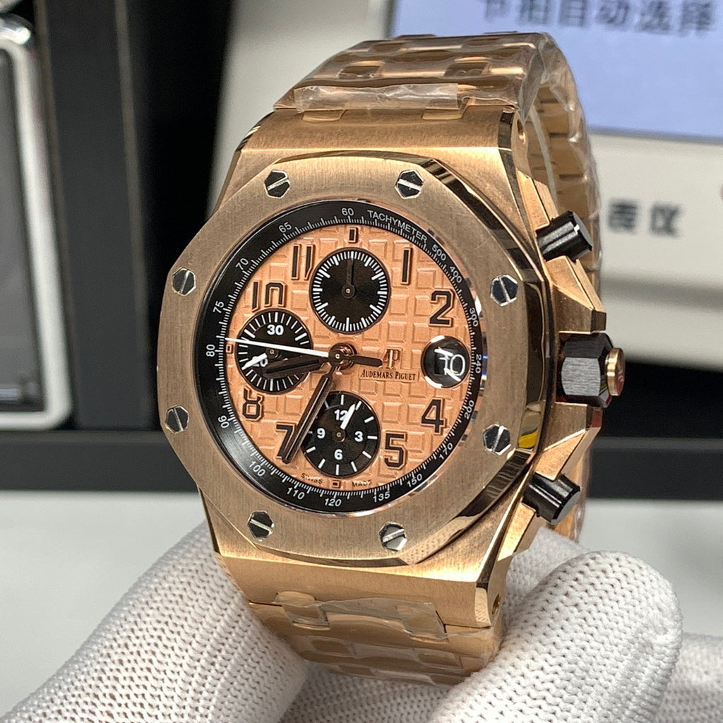 Audemars Piguet Royal Oak chronograph watch with rose-gold case and black dial