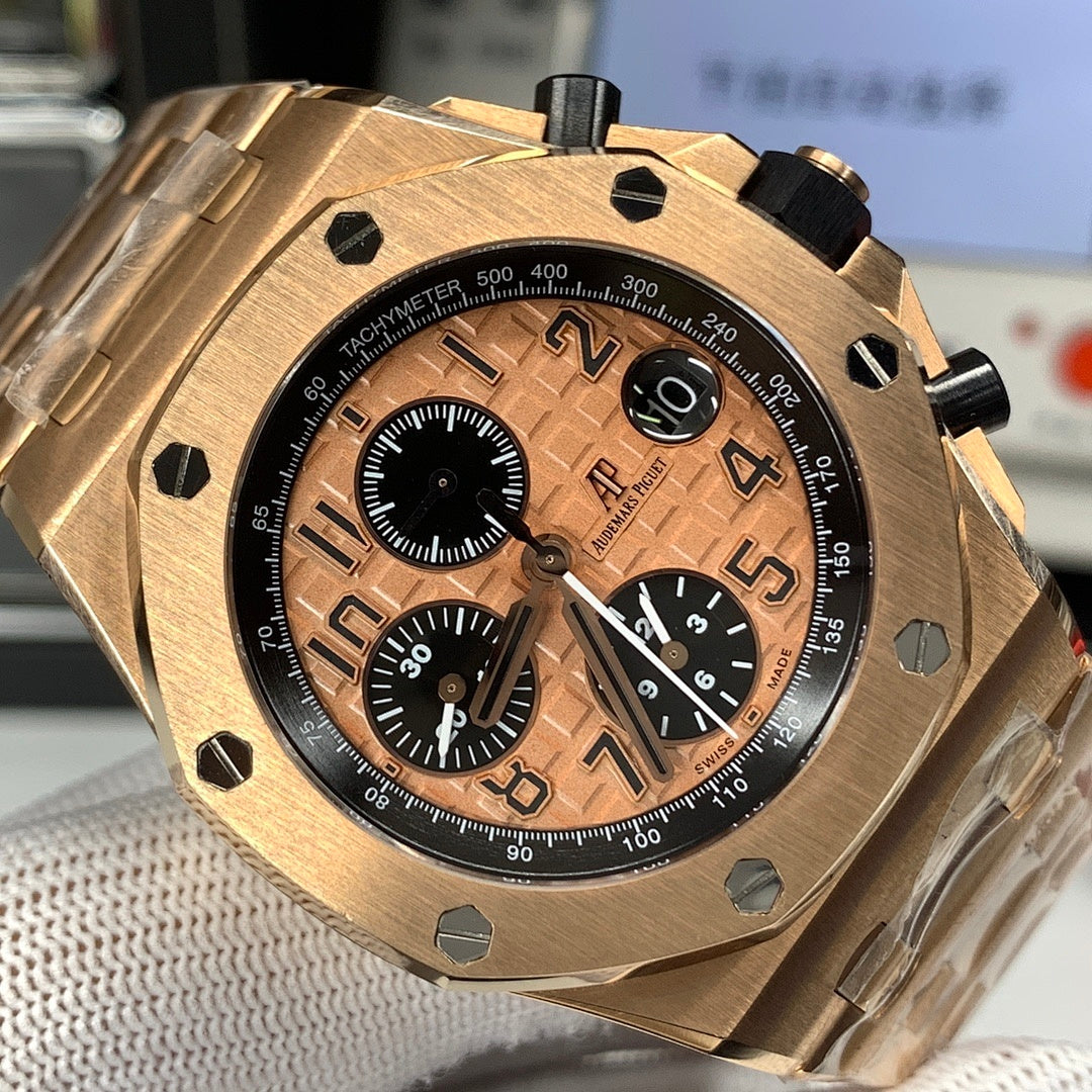 Audemars Piguet Royal Oak chronograph watch with rose-gold case, black dial and subdials