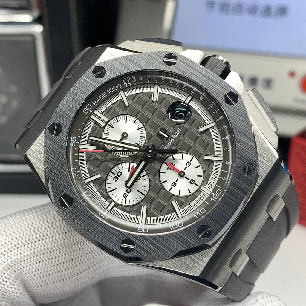 Audemars Piguet chronograph watch dial close-up with subdials and textured bezel
