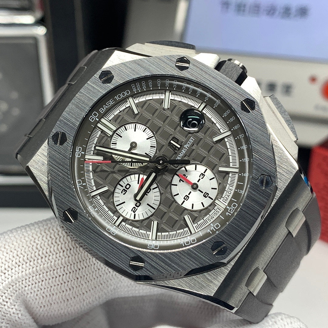 Audemars Piguet chronograph watch dial close-up with subdials and textured bezel