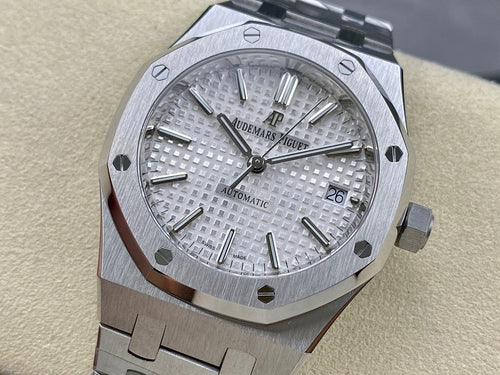 Automatic stainless-steel watch with silver textured dial and baton hour markers