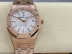 Audemars Piguet automatic watch front view with rose-gold tone case and silver textured dial