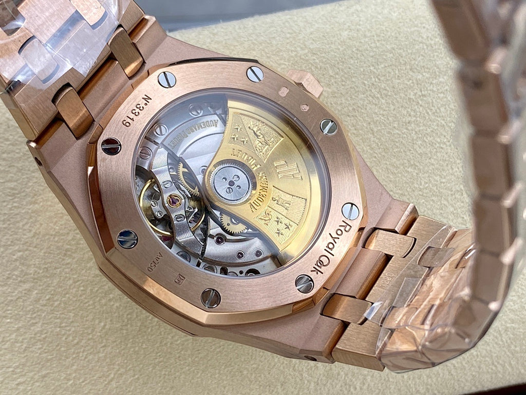 Audemars Piguet watch caseback with visible mechanical movement and gold-tone details