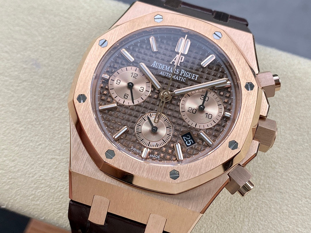 Rose gold luxury chronograph watch with dark dial and leather strap, close-up front