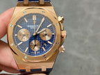 Audemars Piguet Royal Oak watch, blue textured dial, rose-gold case, chronograph subdials